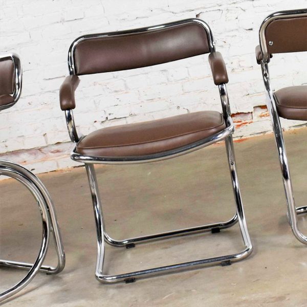 Set of 4 Chrome Cantilever Armed Chairs with Brown Faux Leather Style of Gastone Rinaldi