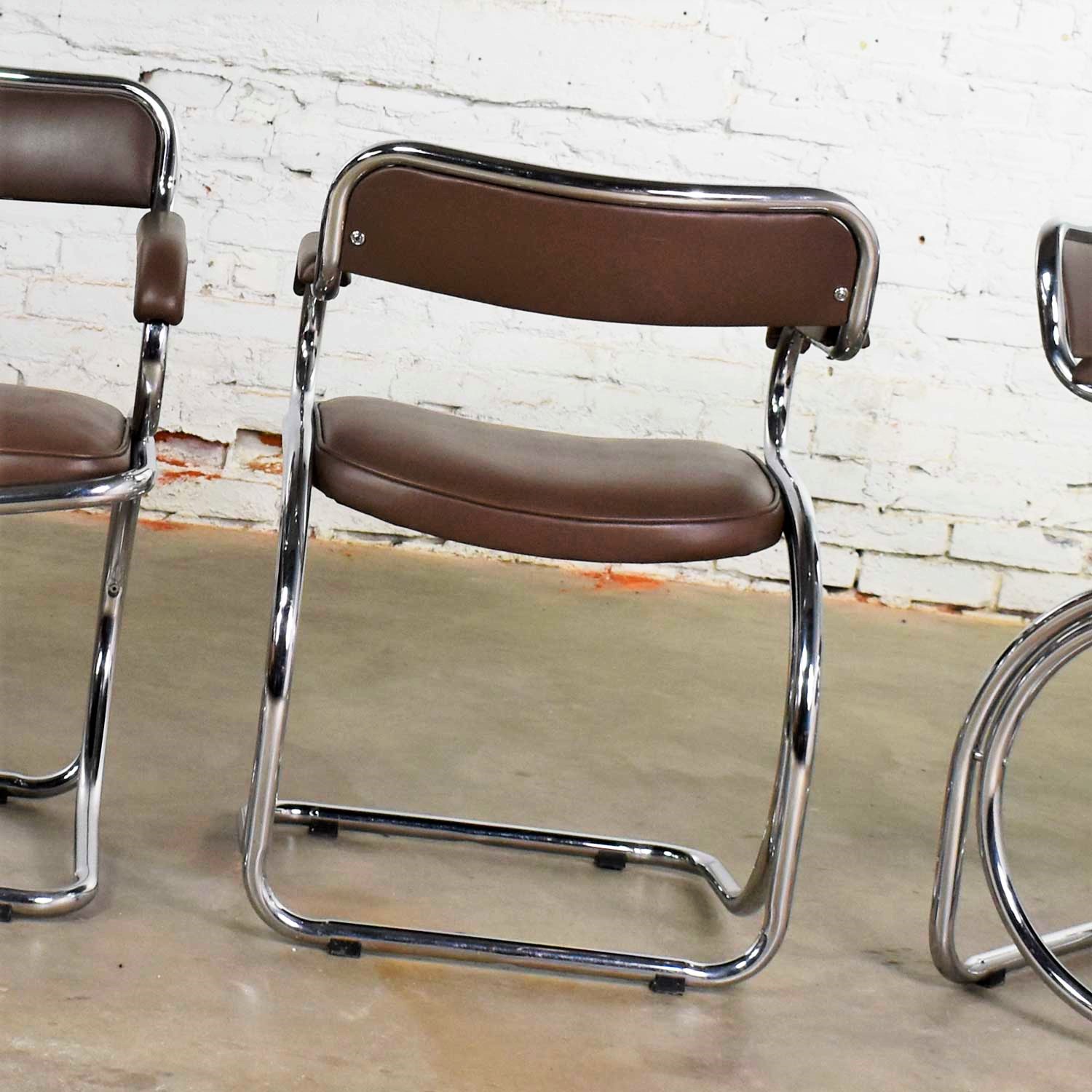 Set of 4 Chrome Cantilever Armed Chairs with Brown Faux Leather Style of Gastone Rinaldi
