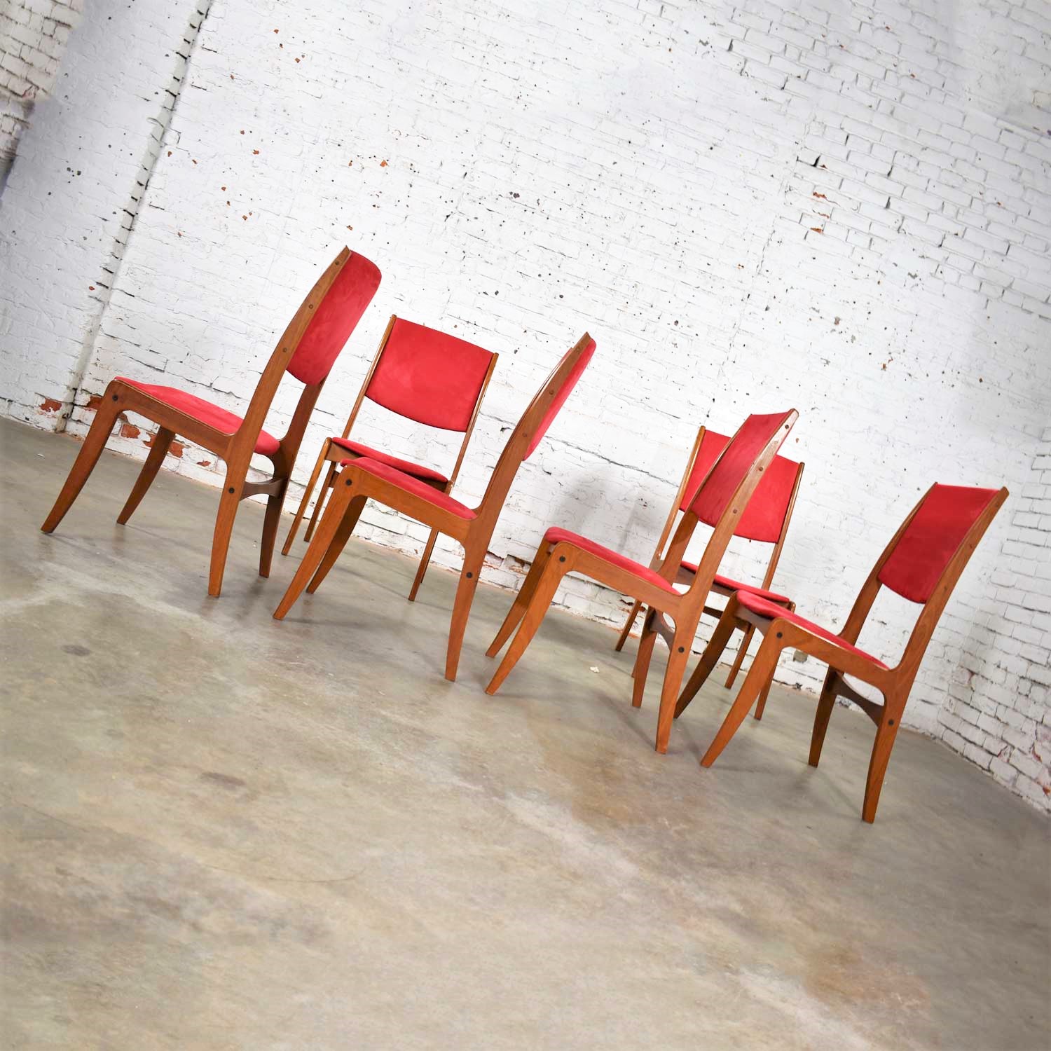 Mid Century Scandinavian Modern Set of Six Teak Dining Chairs with Red Ultra Suede