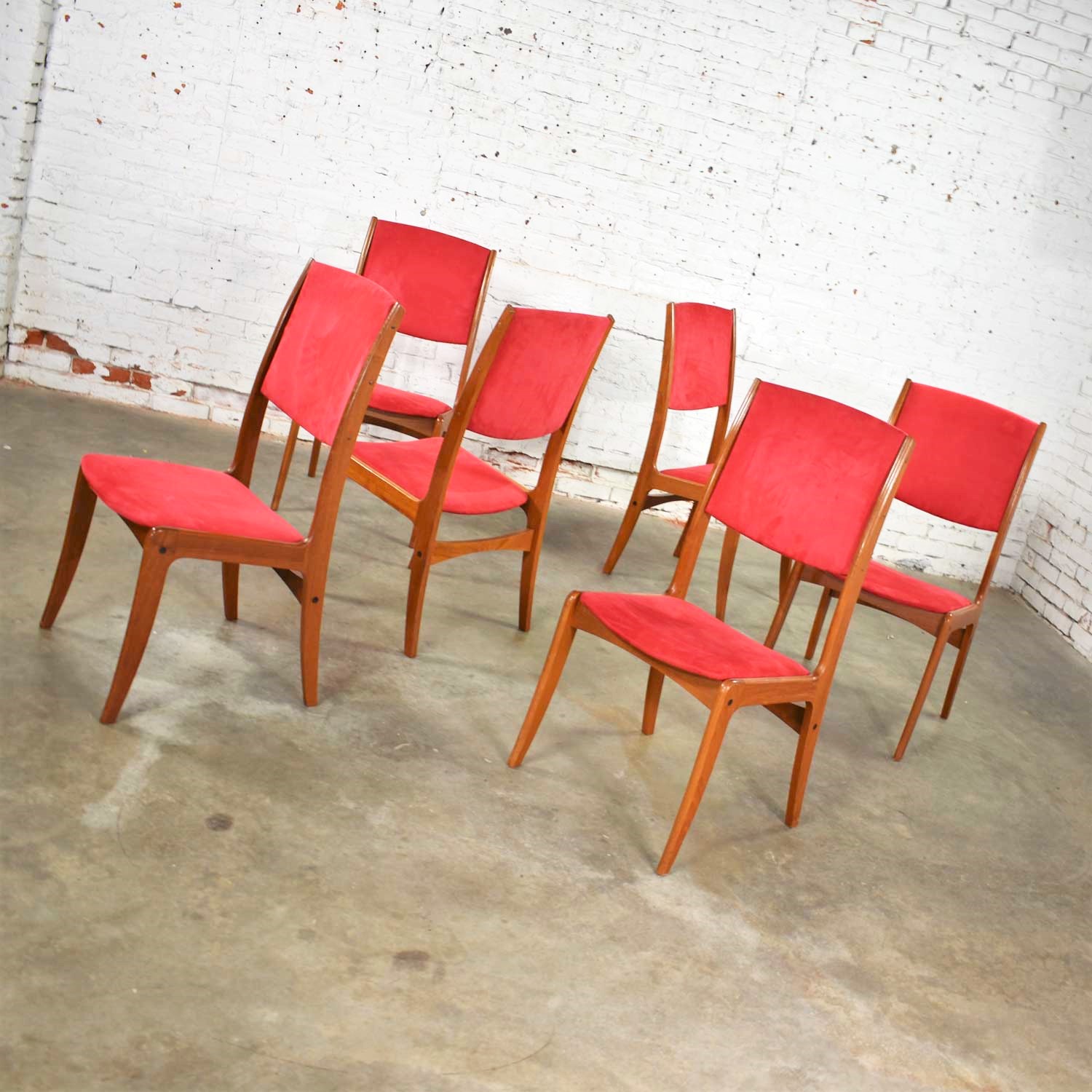 Mid Century Scandinavian Modern Set of Six Teak Dining Chairs with Red Ultra Suede
