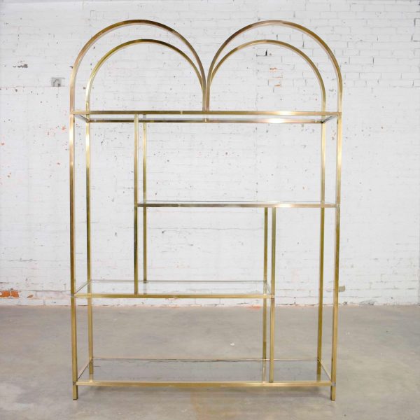 Vintage Modern Double Arched Etagere Display Shelves Brass Plated and Glass