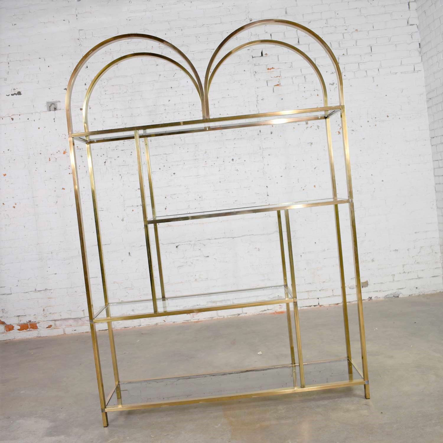Vintage Modern Double Arched Etagere Display Shelves Brass Plated and Glass
