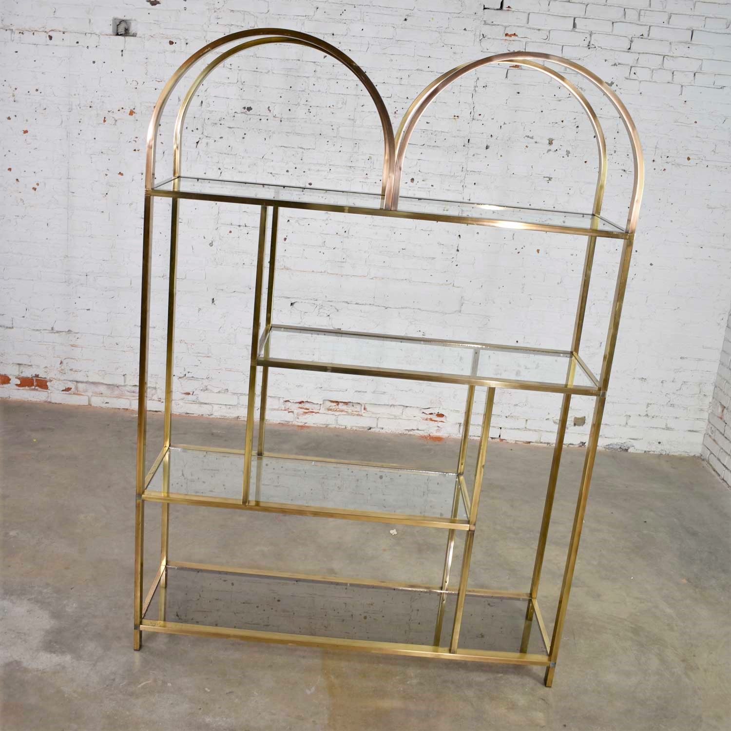 Vintage Modern Double Arched Etagere Display Shelves Brass Plated and Glass