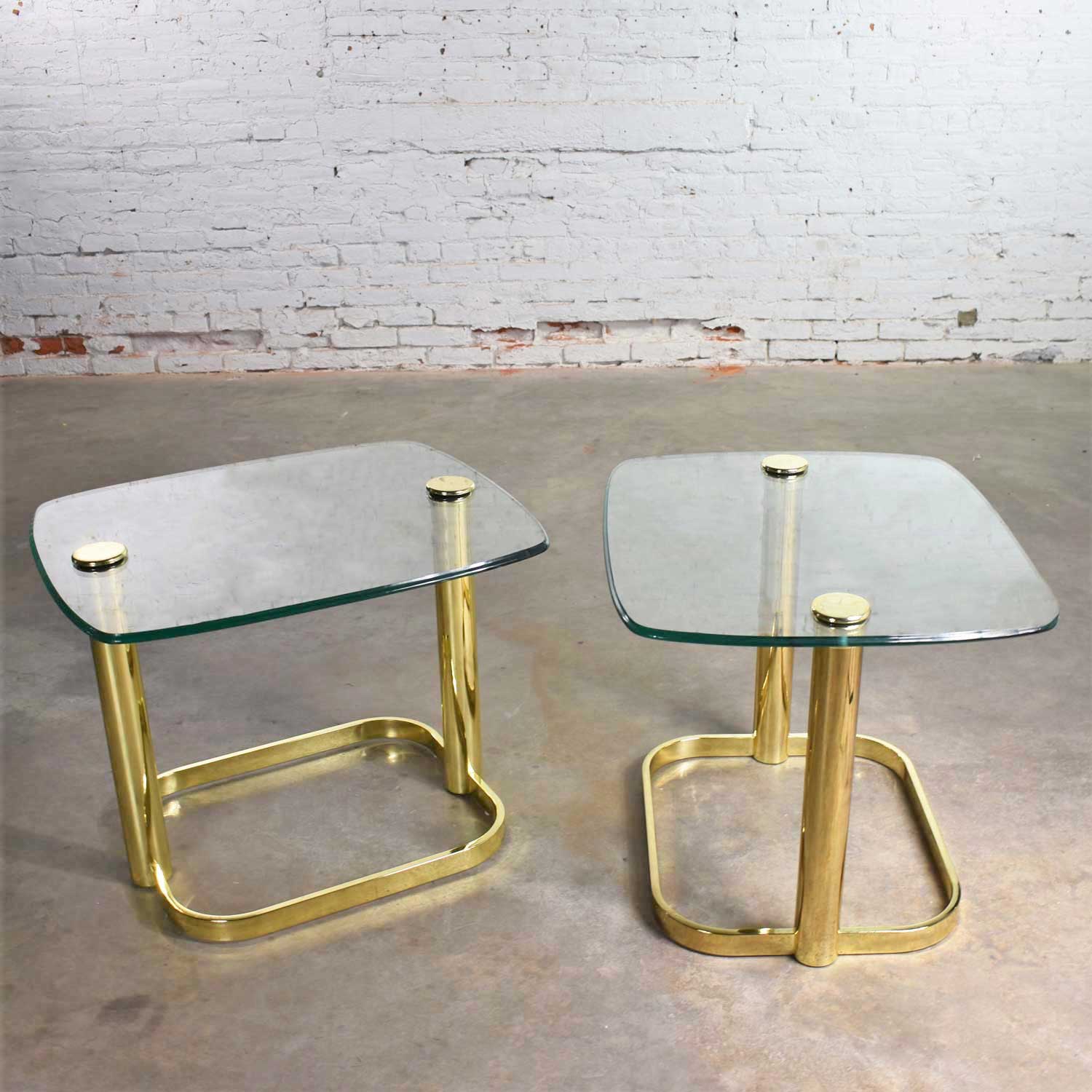 Modern Pair of End Tables Brass Plate and Glass Attributed to Leon Rosen for The Pace Collection
