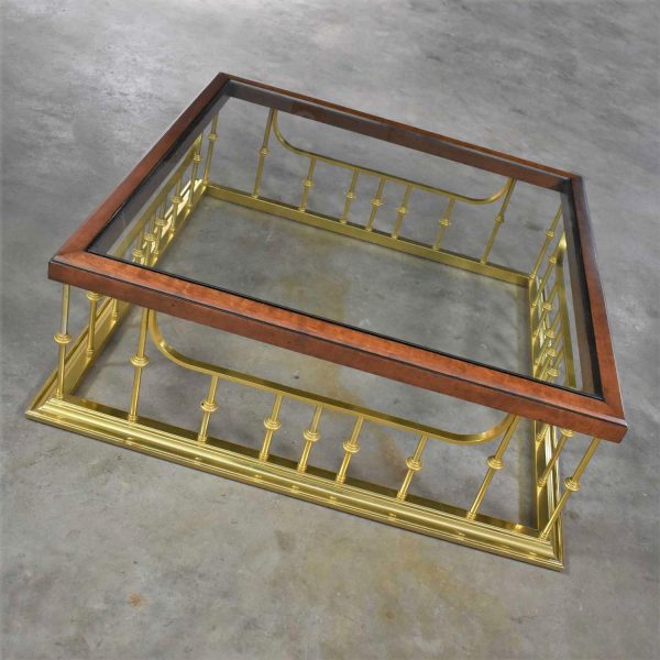 Brass Plated Glass Wood Fireplace Fender Style Large Square Coffee Table Erwin Lambeth Attr.