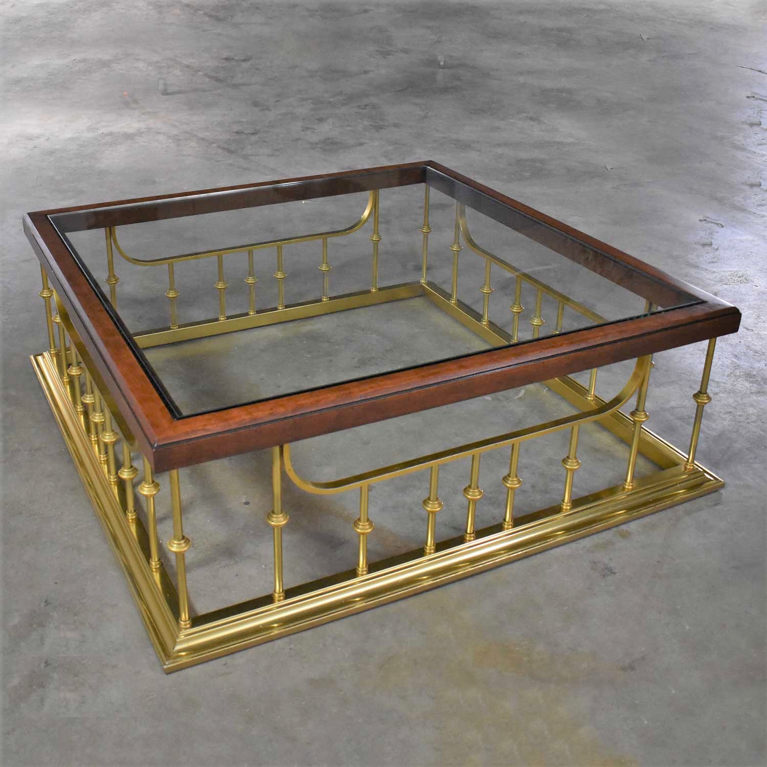 Brass Plated Glass Wood Fireplace Fender Style Large Square Coffee Table Erwin Lambeth Attr.