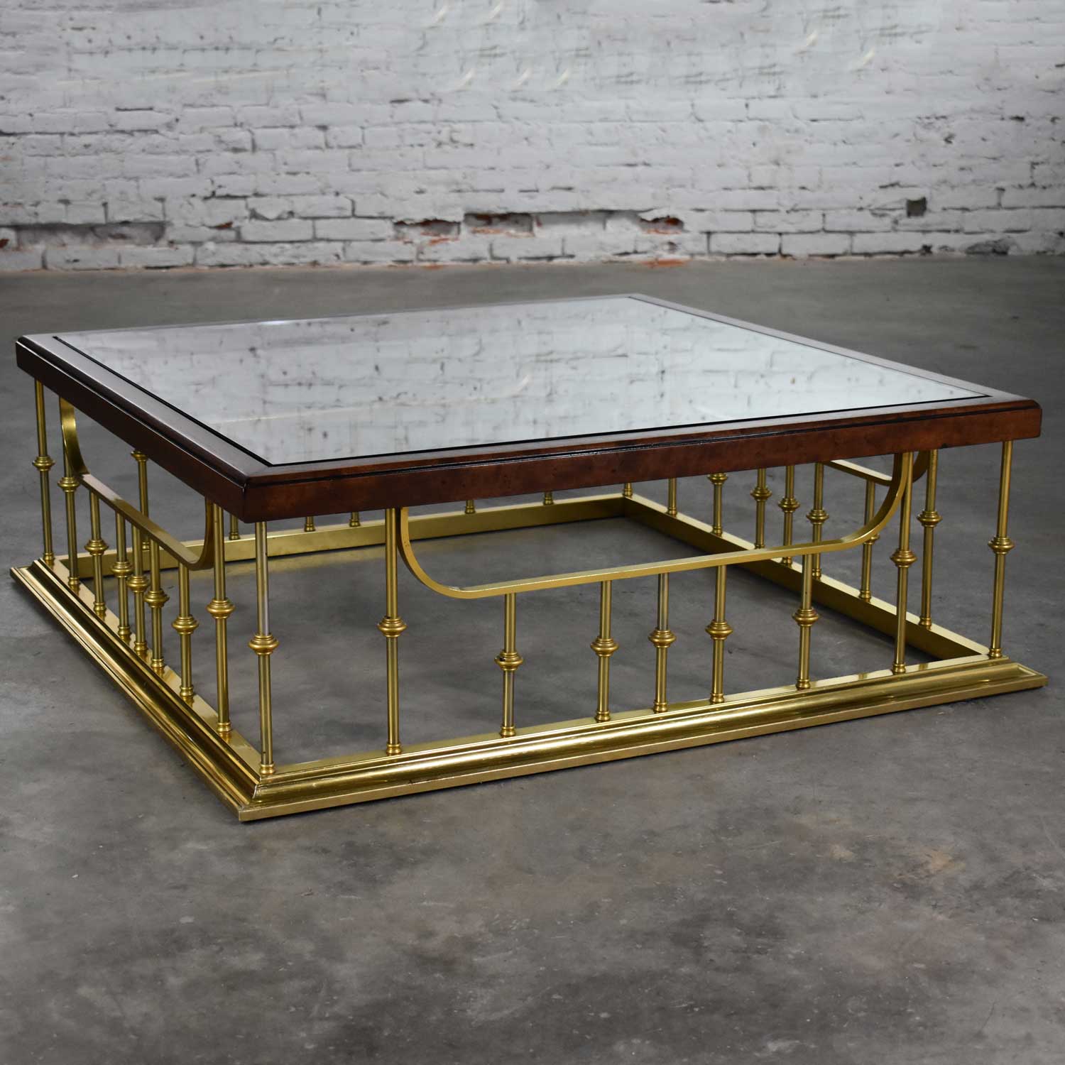 Brass Plated Glass Wood Fireplace Fender Style Large Square Coffee Table Erwin Lambeth Attr.