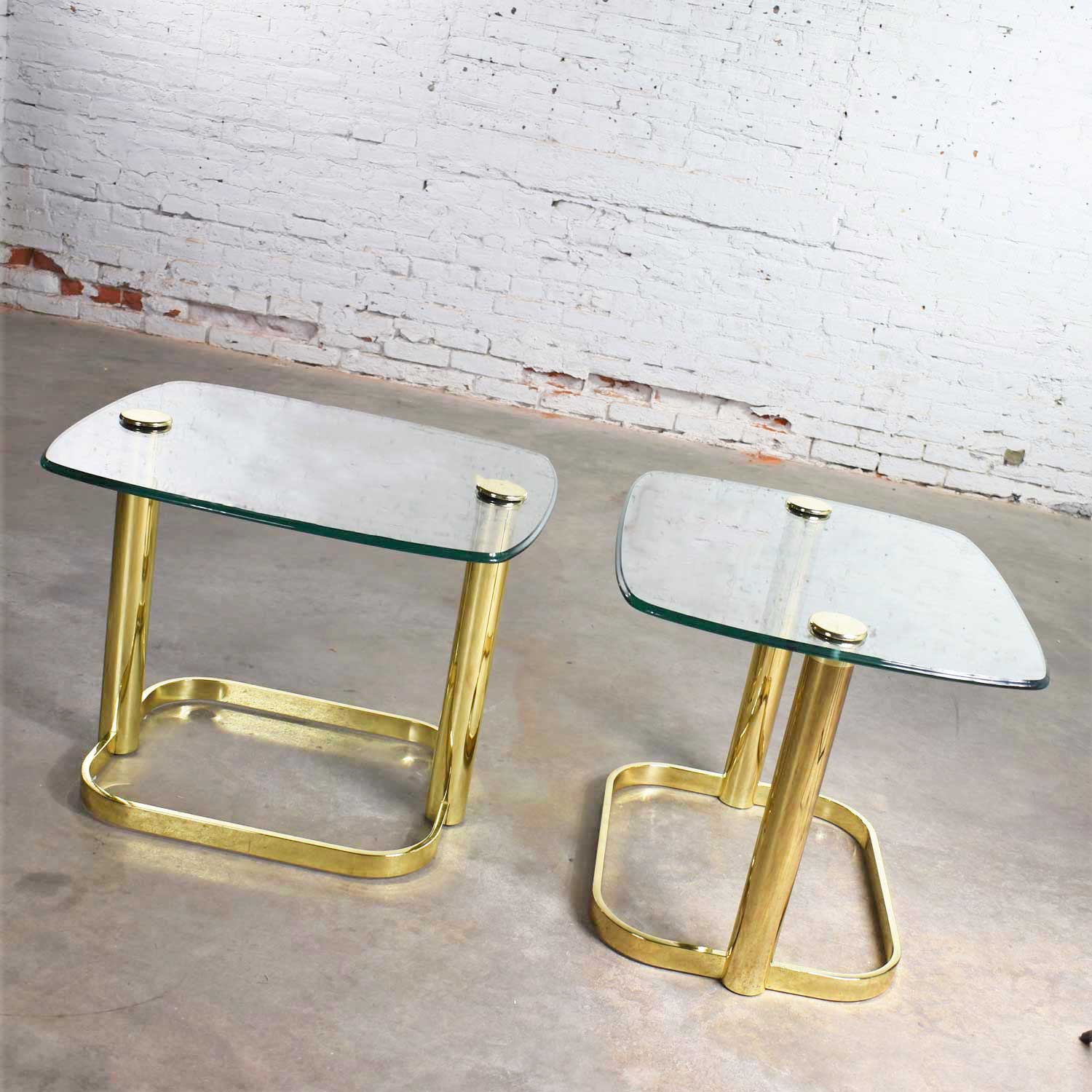 Modern Pair of End Tables Brass Plate and Glass Attributed to Leon Rosen for The Pace Collection
