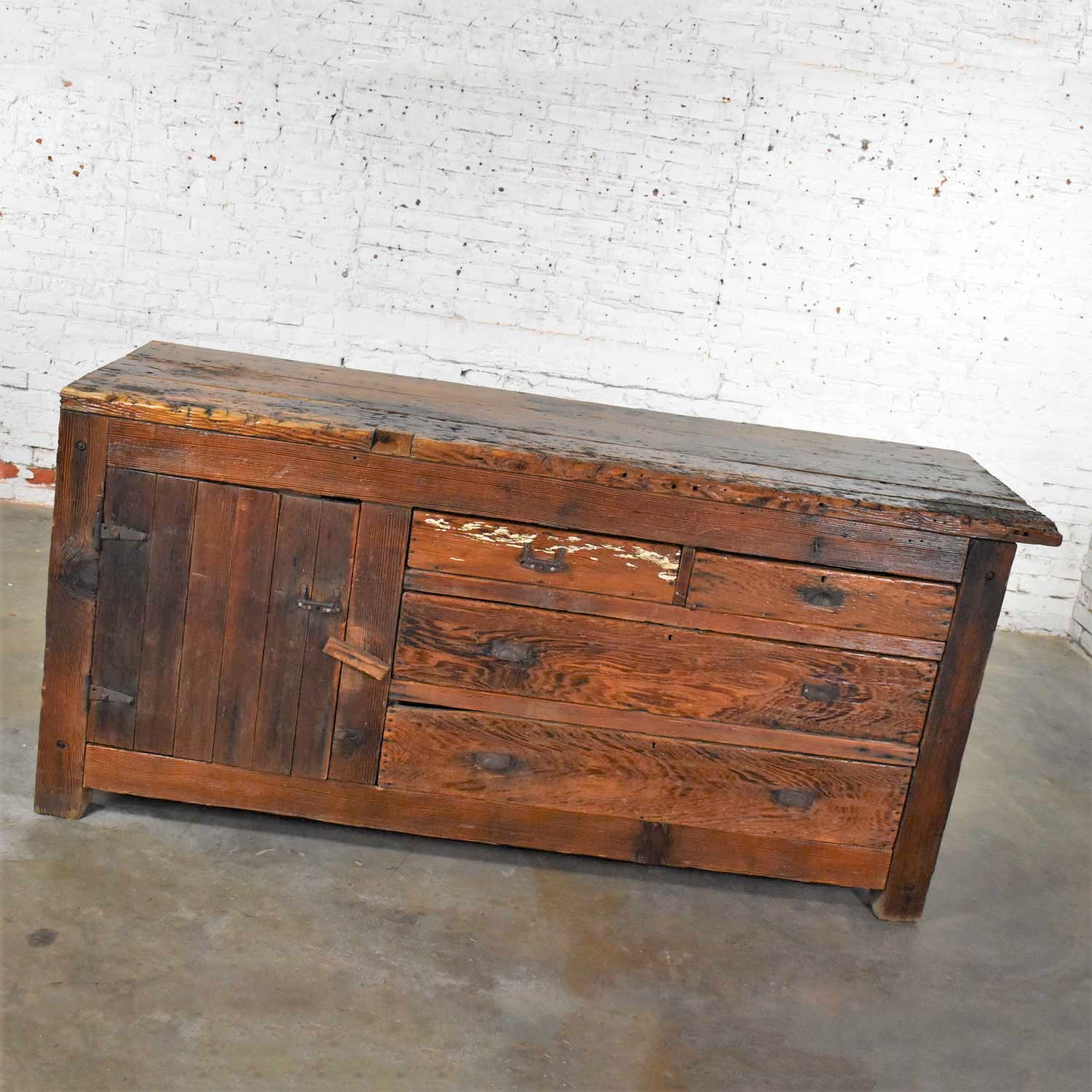 Antique Rustic Primitive Pine Factory Cabinet or Work Bench with Age Patina
