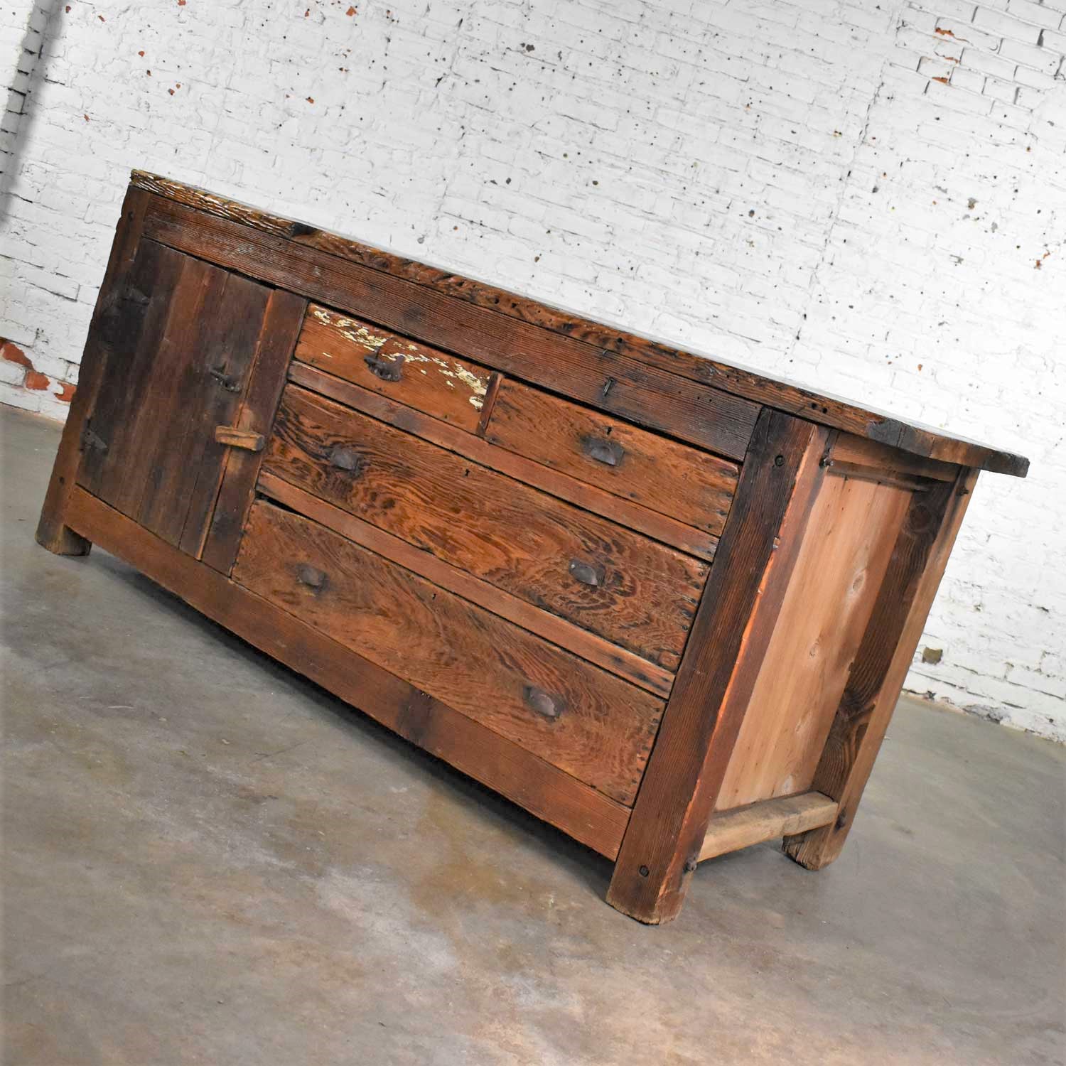 Antique Rustic Primitive Pine Factory Cabinet or Work Bench with Age Patina