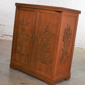 Asian Style Expanding Fold Out Dry Bar in a Box with Applied Carved Birds and Flowers