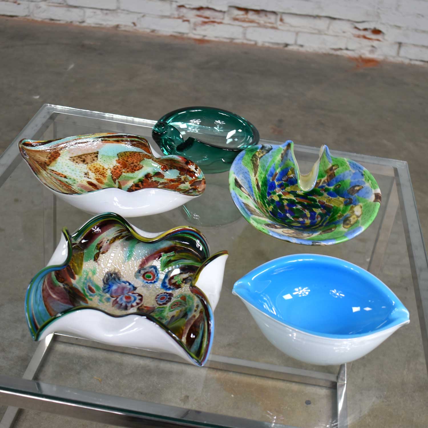 Set 5 Pieces Italian Murano Glass Dishes AVeM Tutti Frutti & Others Turquoise Blue Green