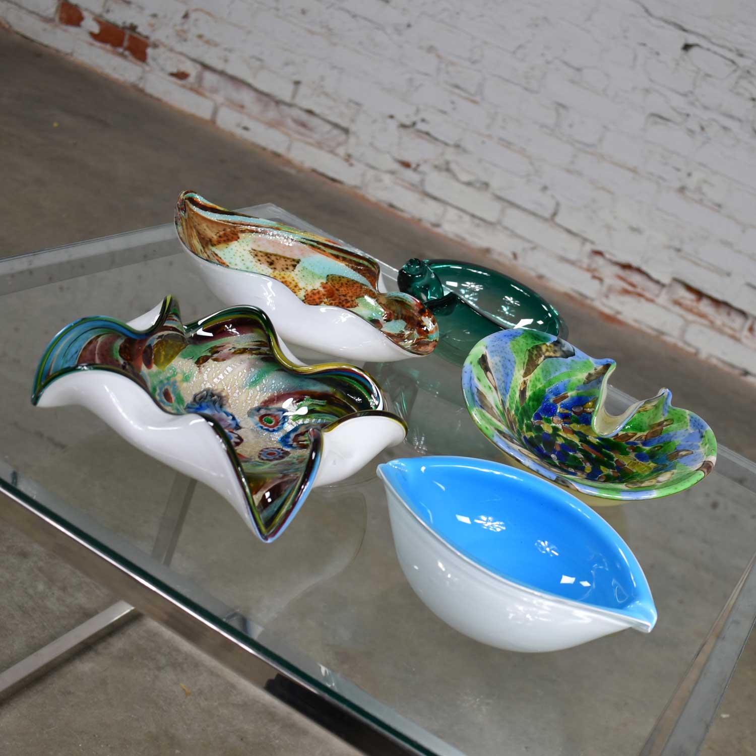 Set 5 Pieces Italian Murano Glass Dishes AVeM Tutti Frutti & Others Turquoise Blue Green