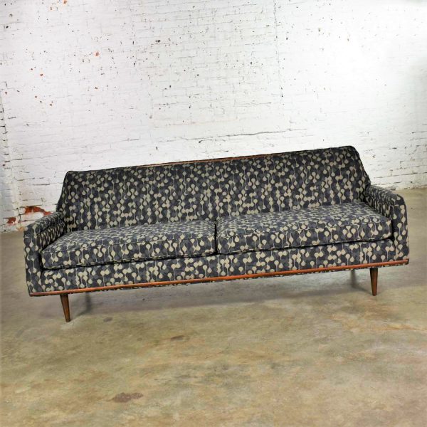 Mid Century Modern Petite Sofa with Wood Trim Newly Upholstered Gray Black Taupe Geometric