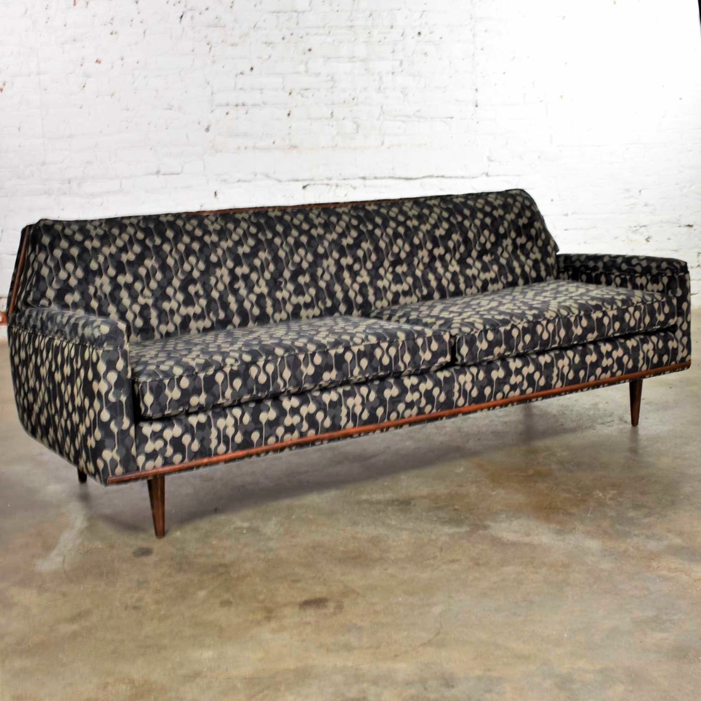 Mid Century Modern Petite Sofa with Wood Trim Newly Upholstered Gray Black Taupe Geometric