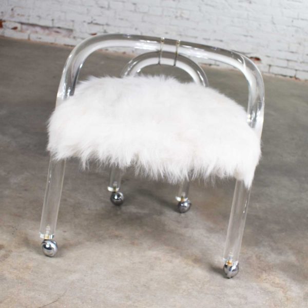 Hollywood Regency Lucite Vanity Stool with White Faux Fur Style of Charles Hollis Jones