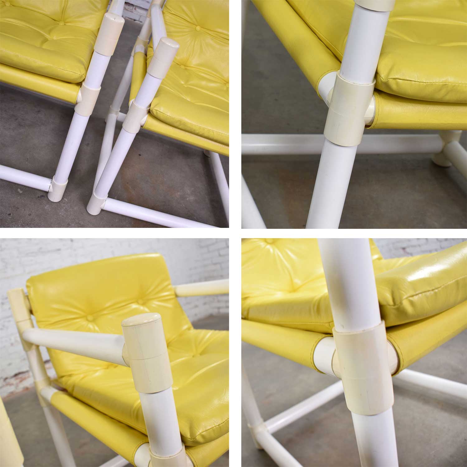 Pair MCM Outdoor PVC Side Chairs Yellow Vinyl Upholstery by Decorion Fun Furnishings