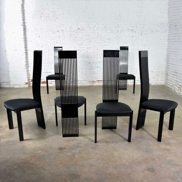 Six Tripod Post Modern Black Lacquer Dining Chairs by Pietro Costantini Made in Italy