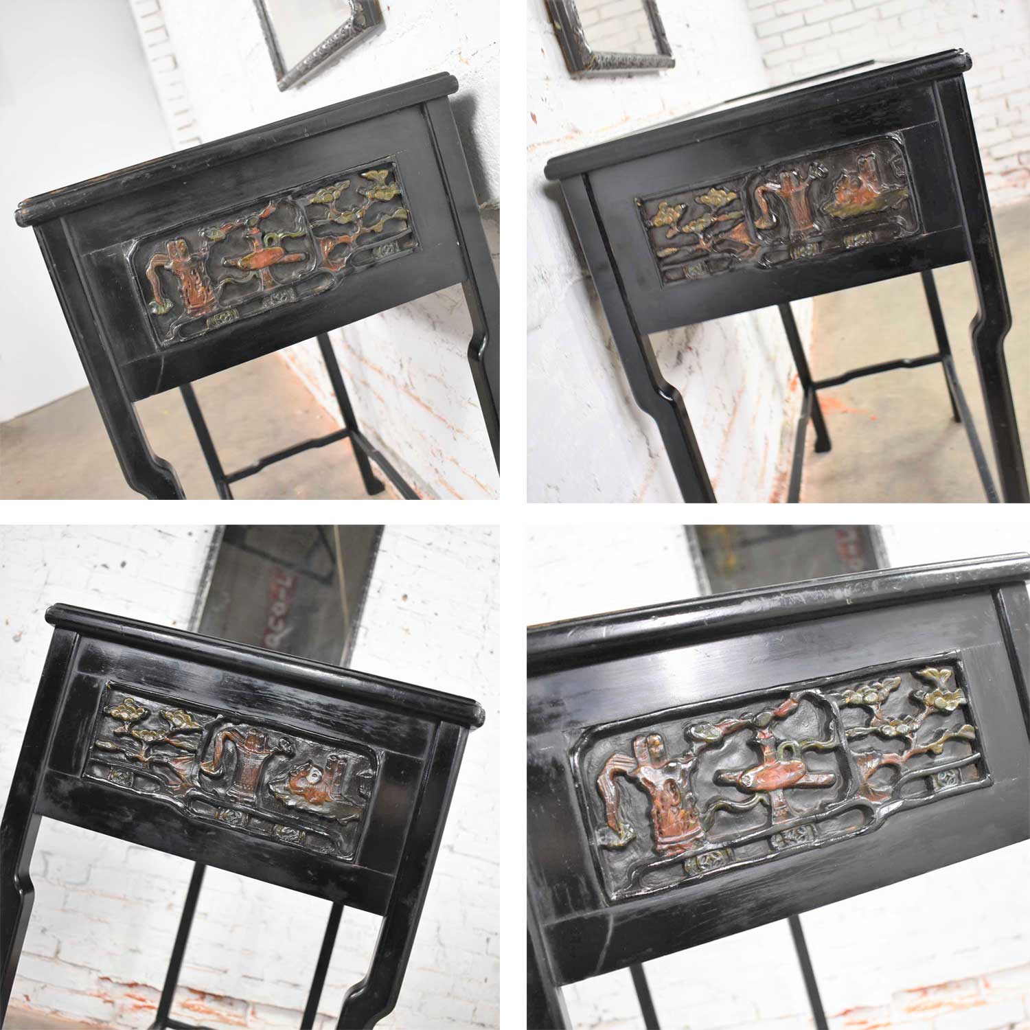 Antique Lacquered Asian Console Table & Mirror w/ Hand Carved Lacquer Figures & Florals