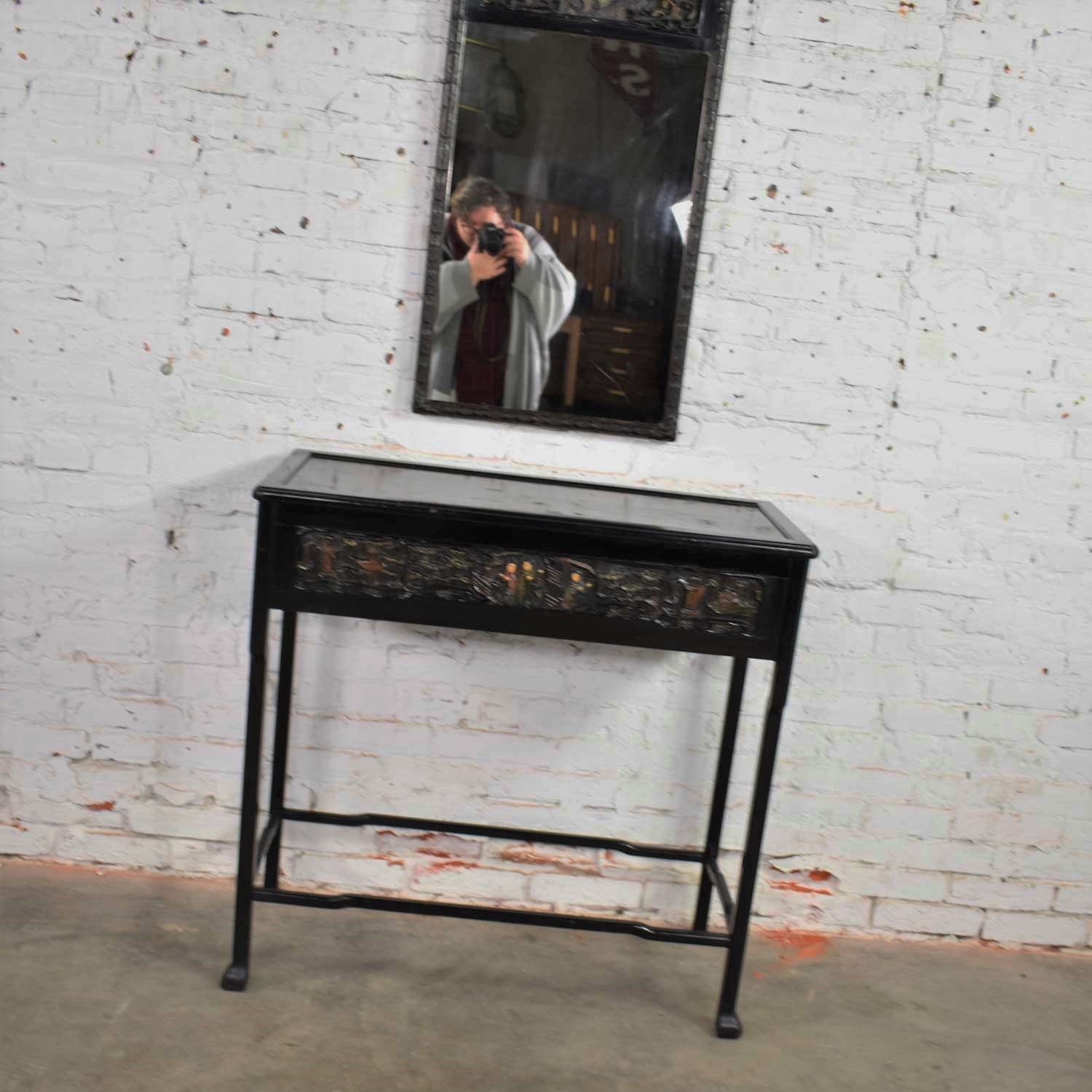 Antique Lacquered Asian Console Table & Mirror w/ Hand Carved Lacquer Figures & Florals