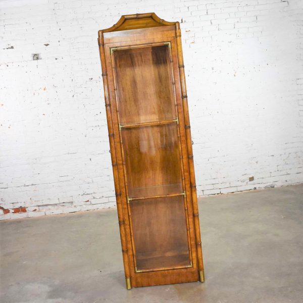 Weiman Hollywood Regency Campaign Style Faux Bamboo Narrow Lighted Display Cabinet