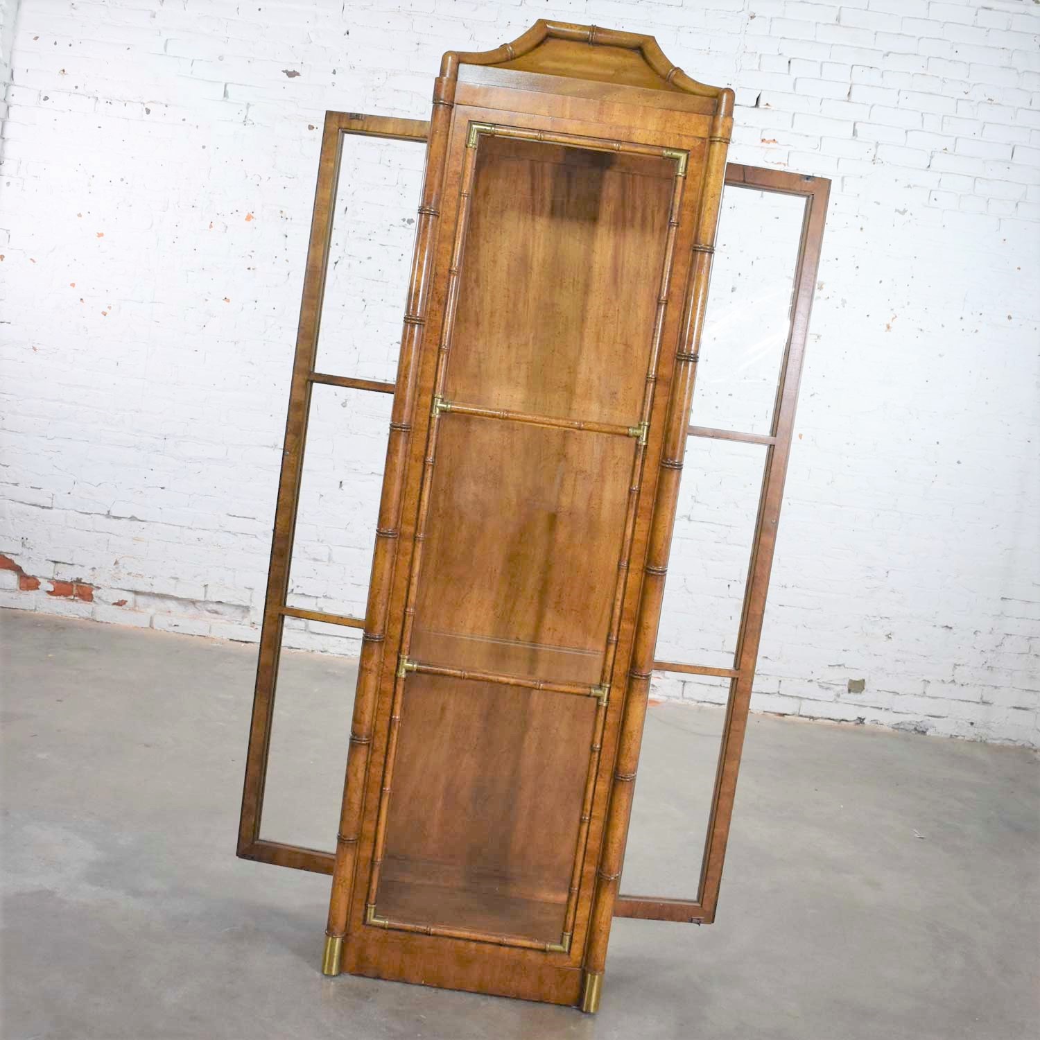 Weiman Hollywood Regency Campaign Style Faux Bamboo Narrow Lighted Display Cabinet