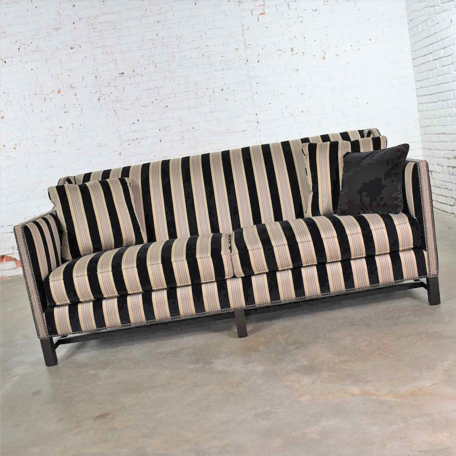 Black & Taupe Stripe Tuxedo Sloped Arm Sofa by Bernhardt Interiors w/ Nail Head Detail & Trestle Base