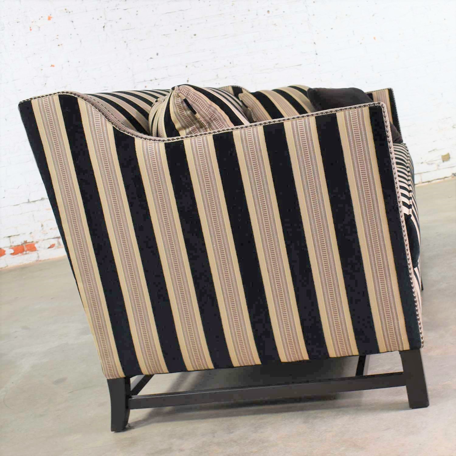 Black & Taupe Stripe Tuxedo Sloped Arm Sofa by Bernhardt Interiors w/ Nail Head Detail & Trestle Base