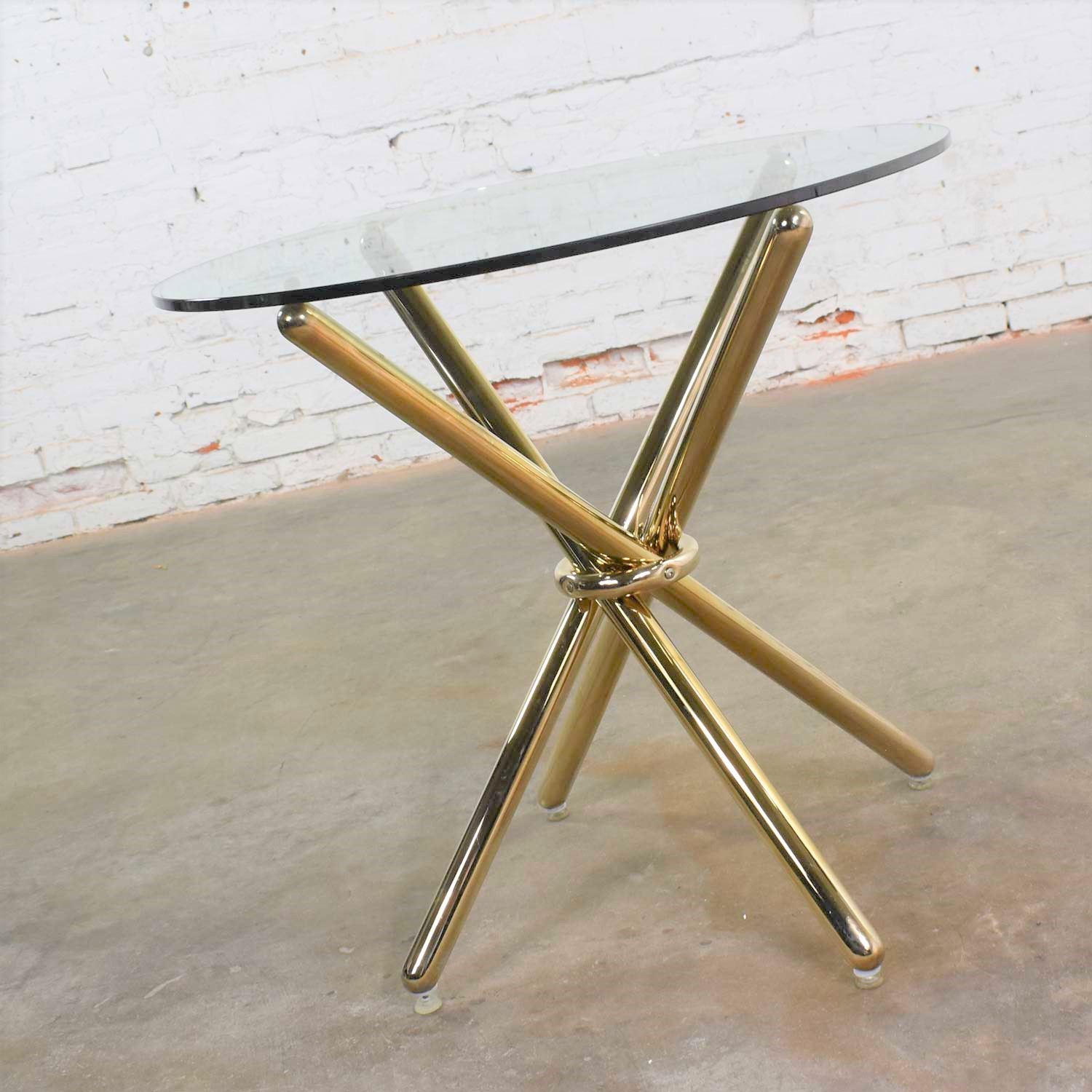 Vintage Modern Brass Plated Jax Center or End Table with Round Glass Top