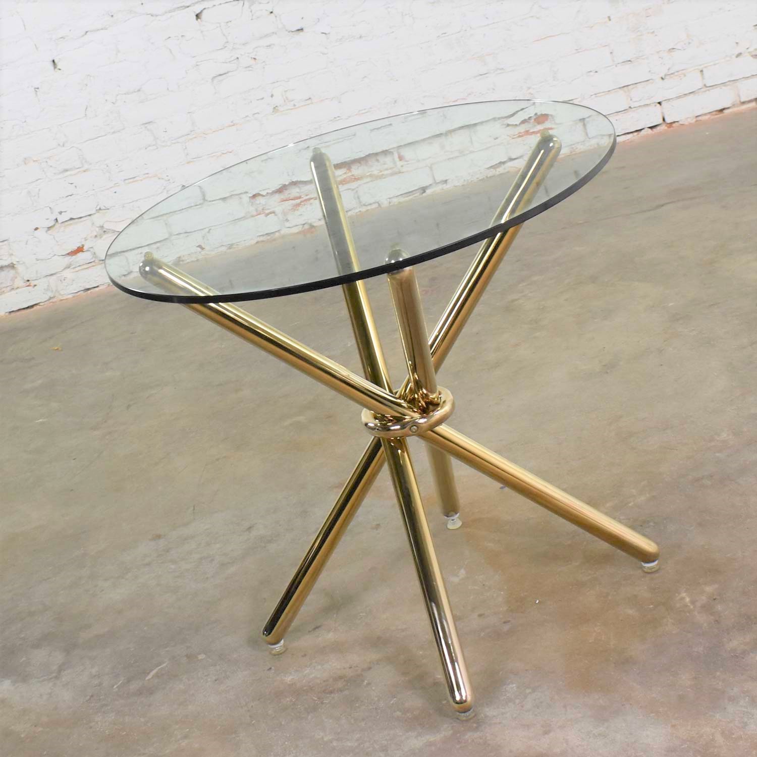 Vintage Modern Brass Plated Jax Center or End Table with Round Glass Top