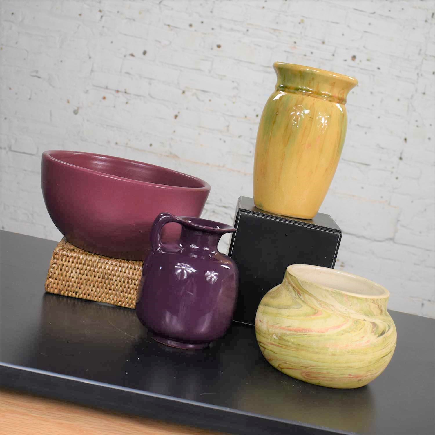 Collection of Four Vintage Pottery Pieces Aubergine Bowl Hull Yellow Vase Plum Frankoma Ewer Swirl Pot