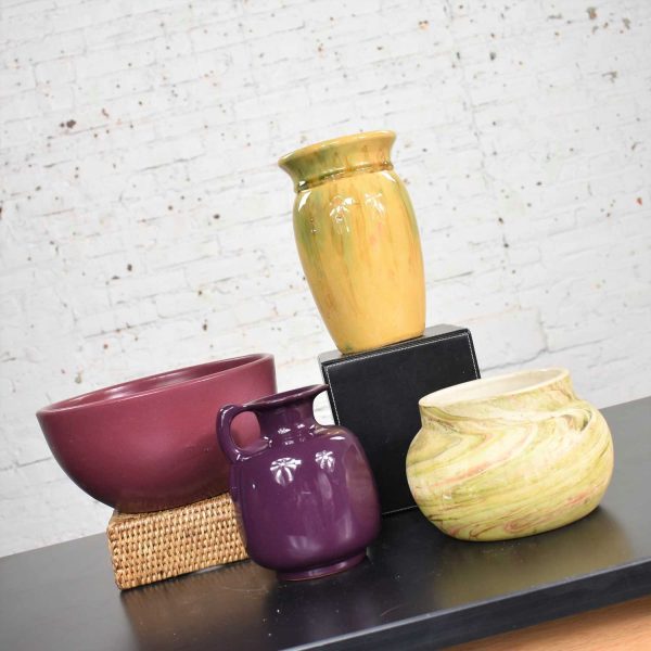 Collection of Four Vintage Pottery Pieces Aubergine Bowl Hull Yellow Vase Plum Frankoma Ewer Swirl Pot