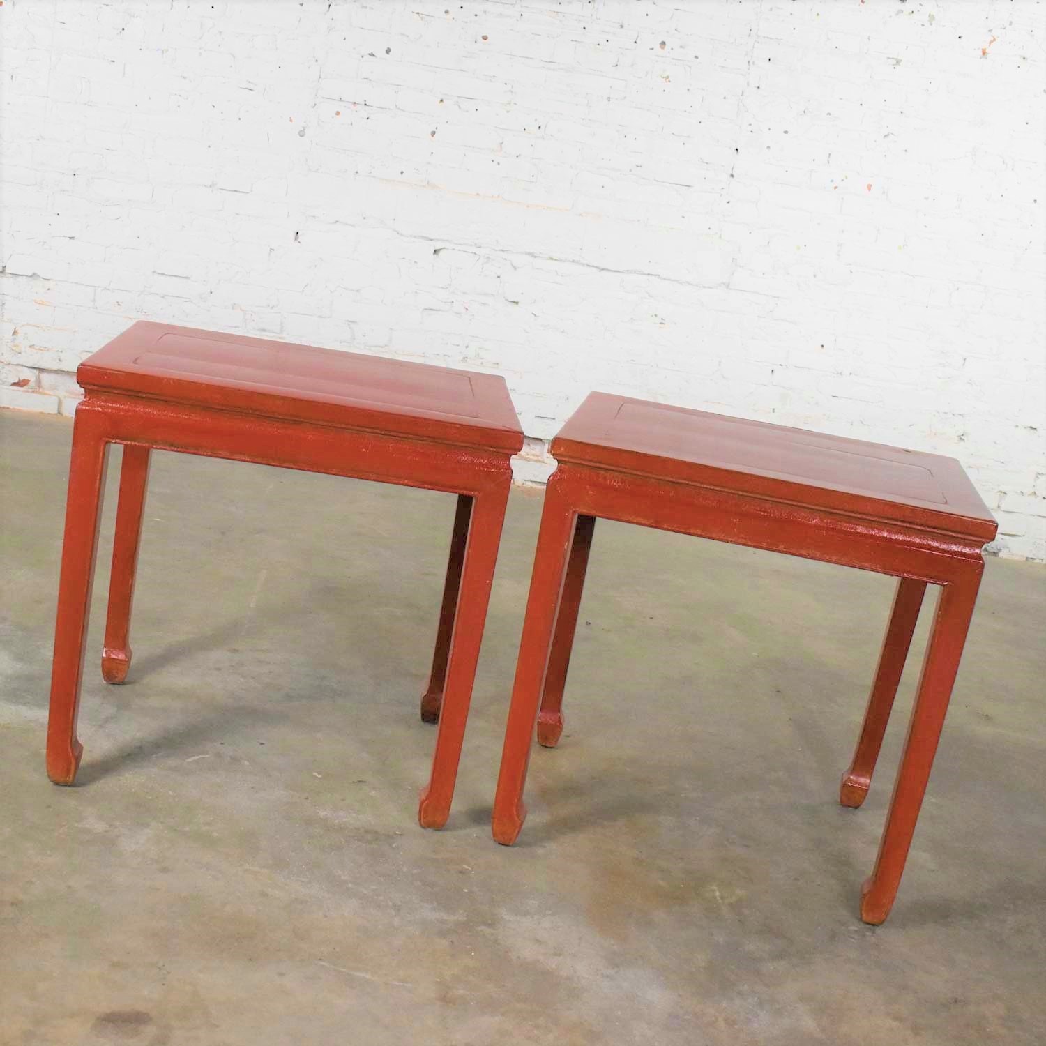 Pair of Asian Ming Style Chinese Crackle Red Lacquer Rectangular End Tables