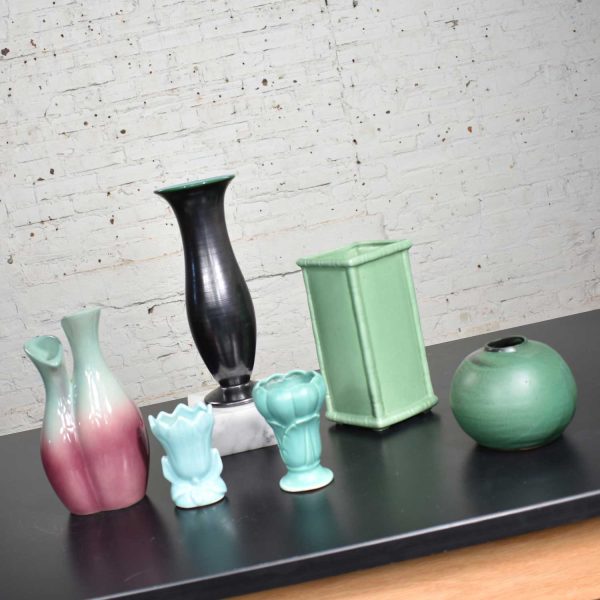 Collection of Six Vintage Pottery Vases Green Black Aubergine