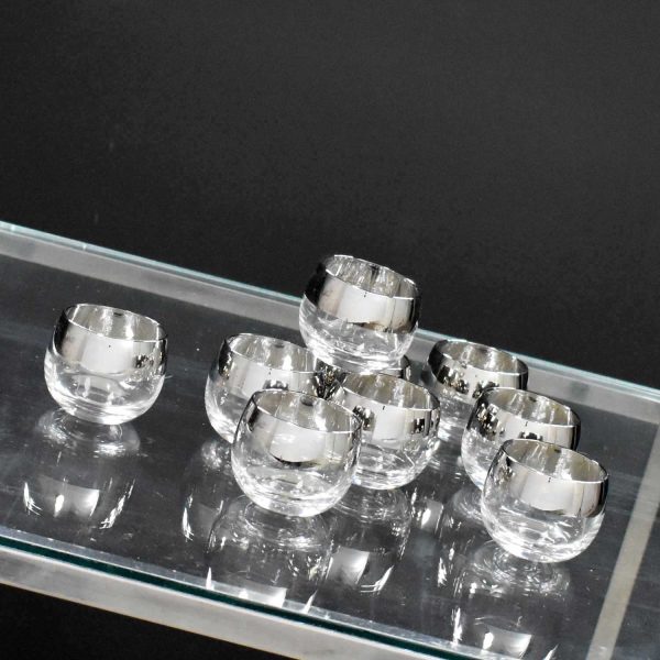 Silver Rimmed Roly Poly Cocktail Glasses Style of Dorothy Thorpe Set 9