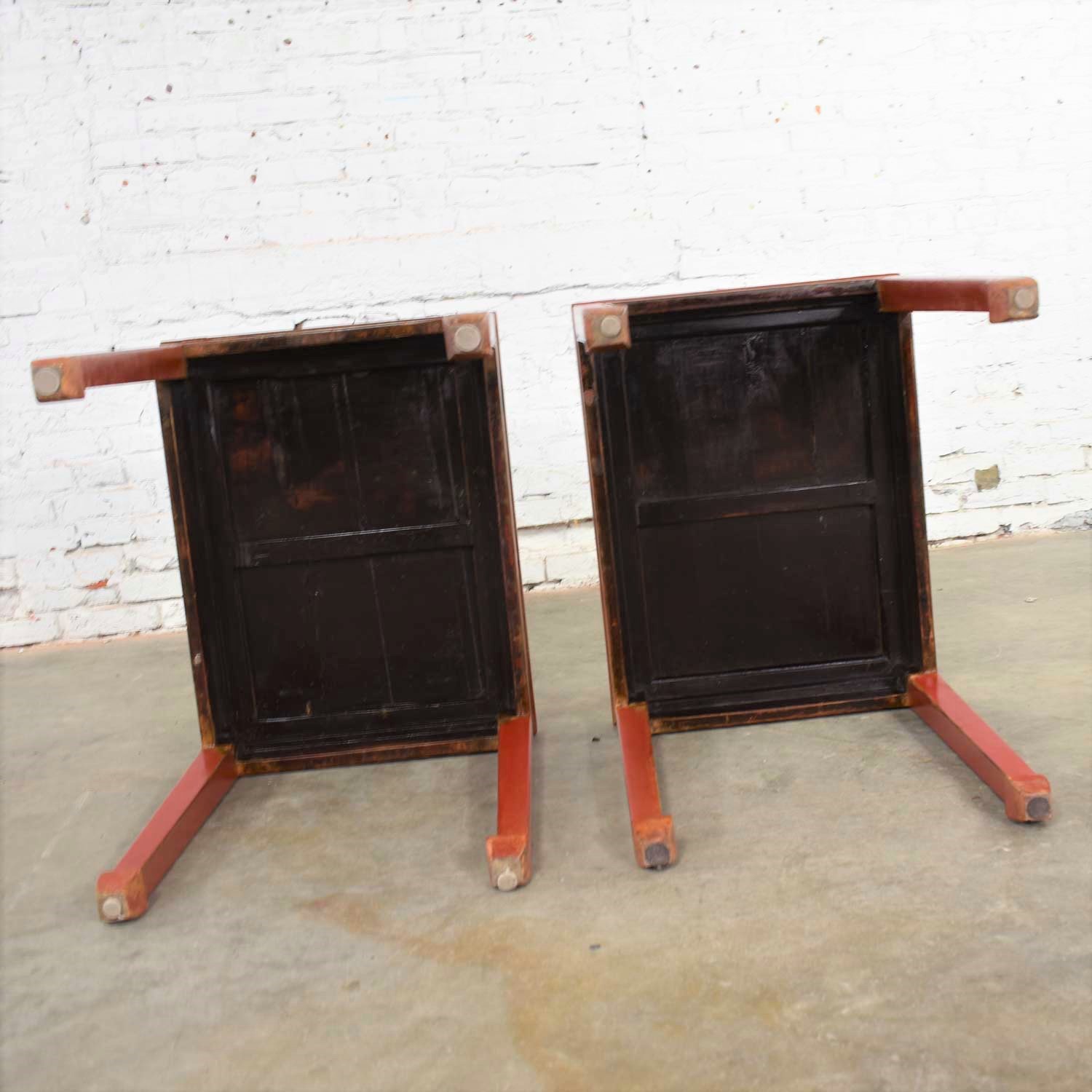 Pair of Asian Ming Style Chinese Crackle Red Lacquer Rectangular End Tables
