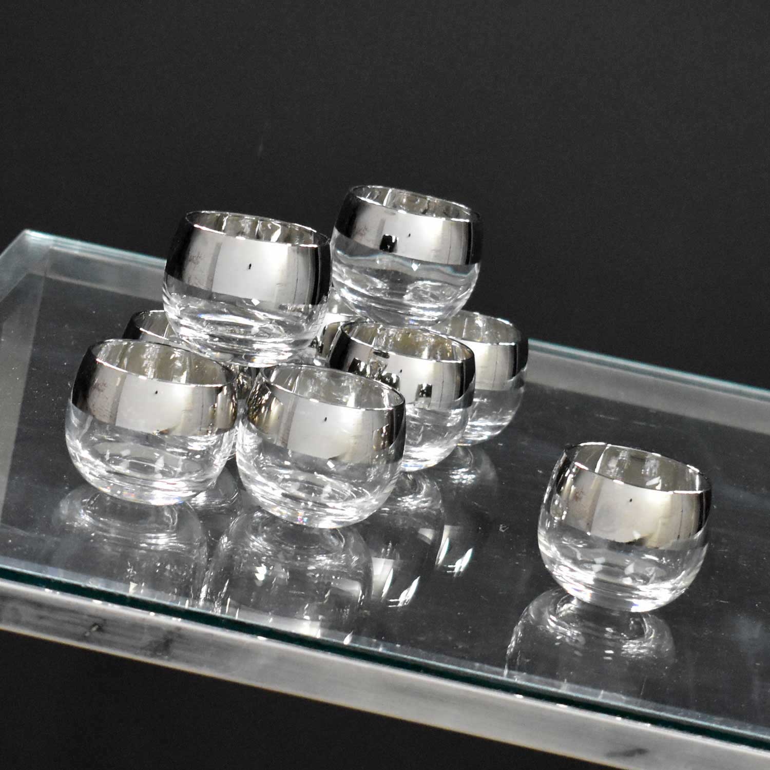 Silver Rimmed Roly Poly Cocktail Glasses Style of Dorothy Thorpe Set 9