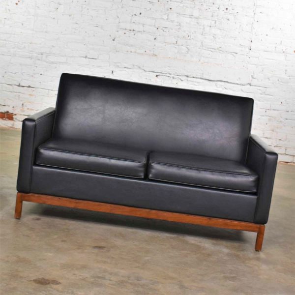 Mid Century Modern Black Faux Leather Love Seat Sofa by Taylor Chair Co. Style Dunbar