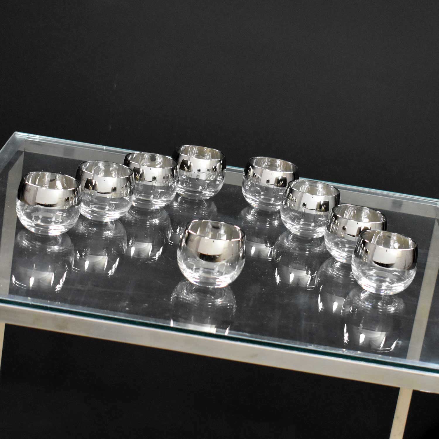 Silver Rimmed Roly Poly Cocktail Glasses Style of Dorothy Thorpe Set 9