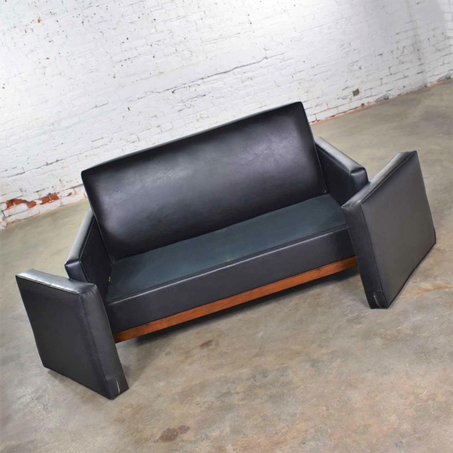 Mid Century Modern Black Faux Leather Love Seat Sofa by Taylor Chair Co. Style Dunbar