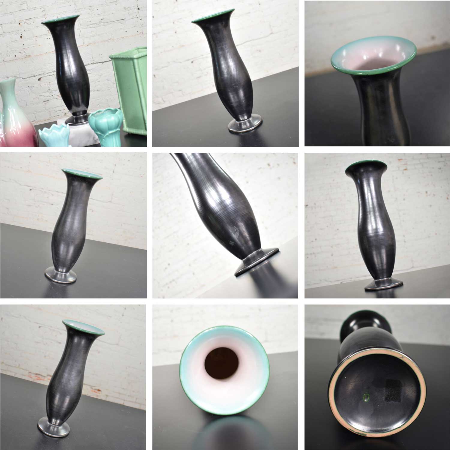 Collection of Six Vintage Pottery Vases Green Black Aubergine