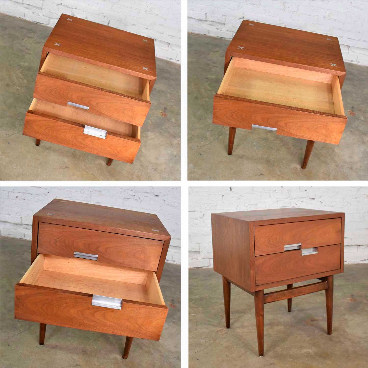 American of Martinsville Accord Walnut Nightstand or End Table w/ X’s & Asymmetric Handles