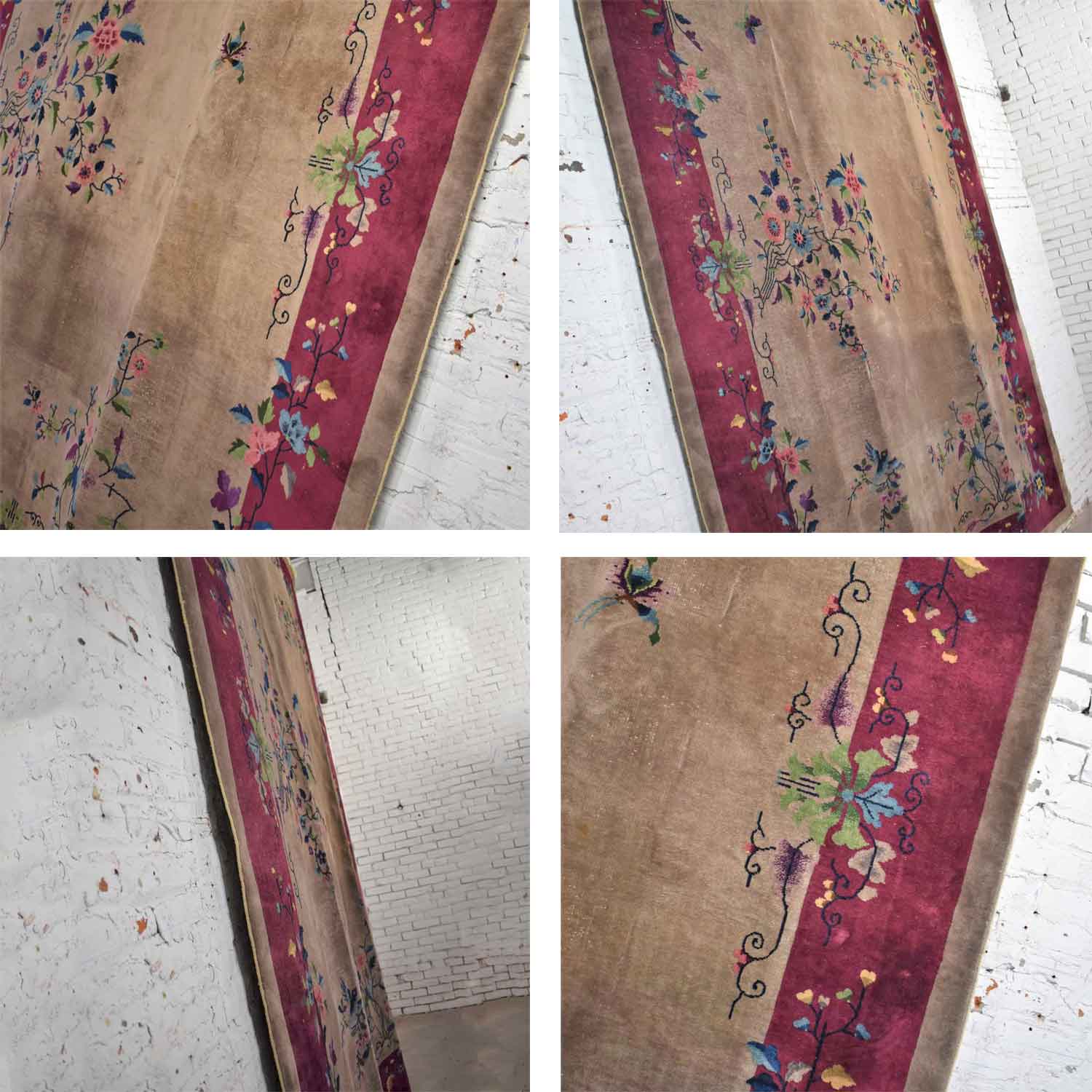 Antique Chinese Art Deco Wool Handmade Rug Taupe with Magenta Border 8’8”x11’4.5”