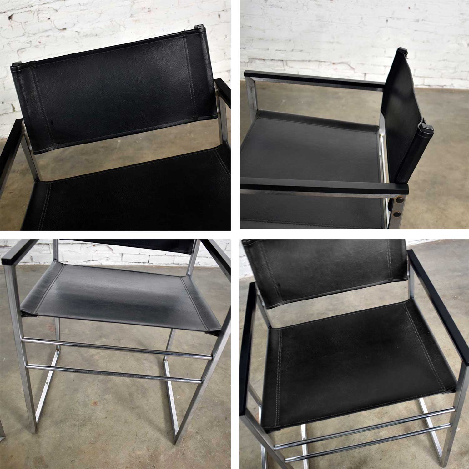 Vintage Chrome & Black Vinyl Faux Leather Sling Director’s Chairs Straight Legs, a Pair
