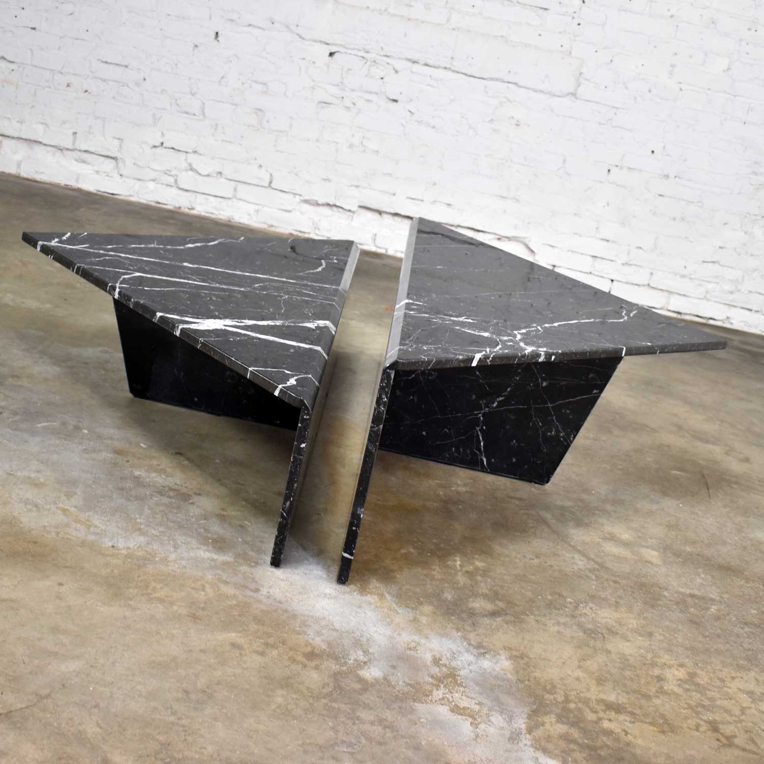 Black Marble Triangle Bi-Level Pair Tables as Coffee Table or End Tables Style Up & Up