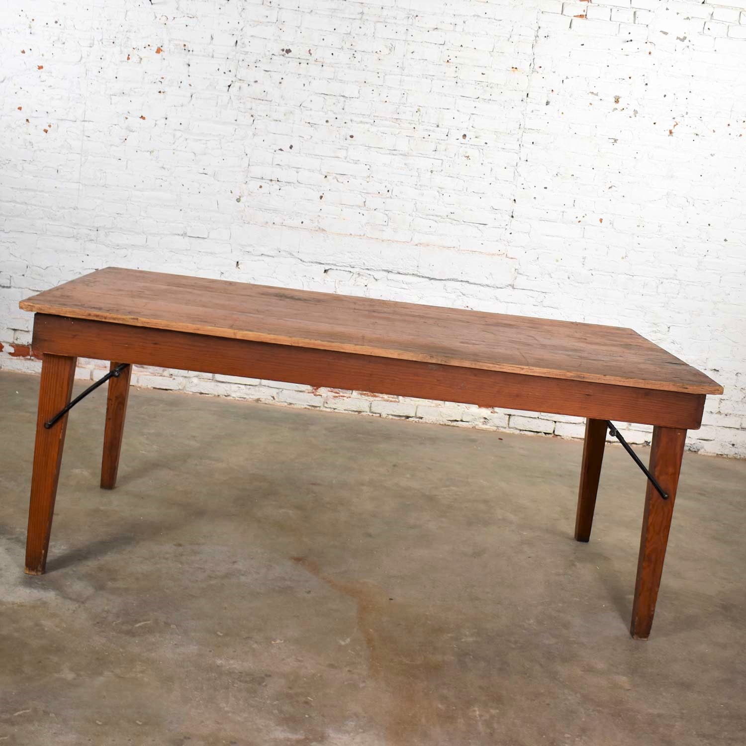 Vintage Pine Industrial Rustic Worktable or Farmhouse Table with Folding Legs