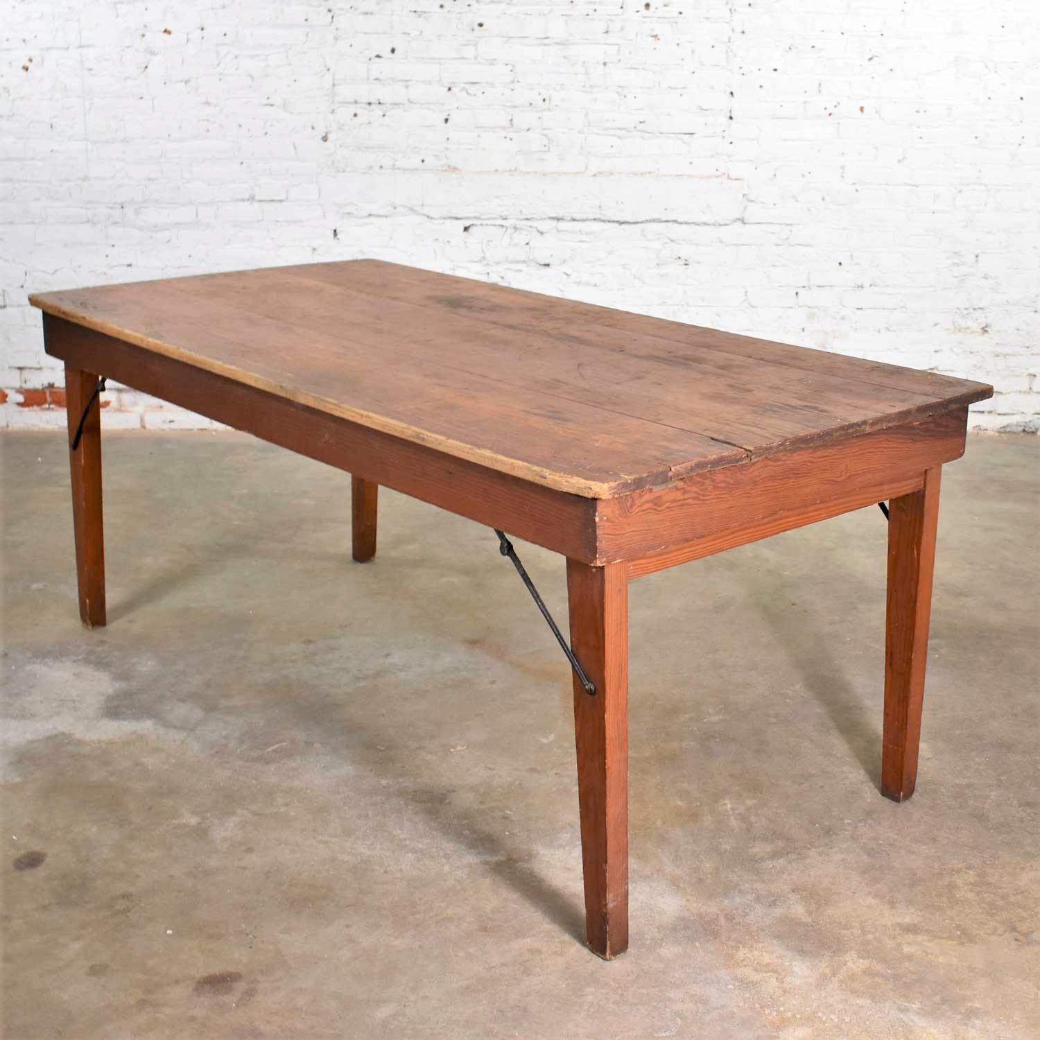 Vintage Pine Industrial Rustic Worktable or Farmhouse Table with Folding Legs