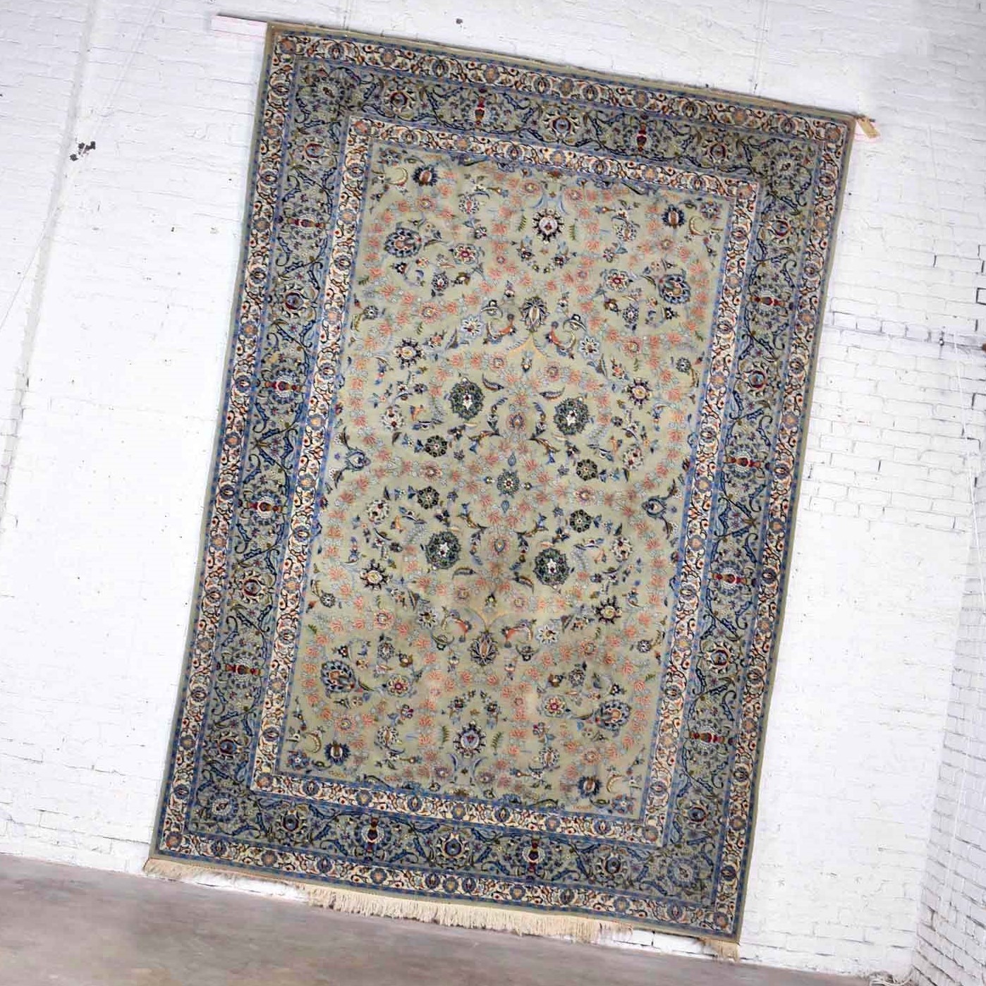 Handmade Persian Wool Tabriz Style Large Rug Light Teal Green Ground 12’3”x 8’9.5”