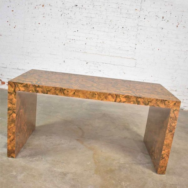 Modern Waterfall Parsons Table Desk in Faux Tortoise Shell Laminate Style Karl Springer