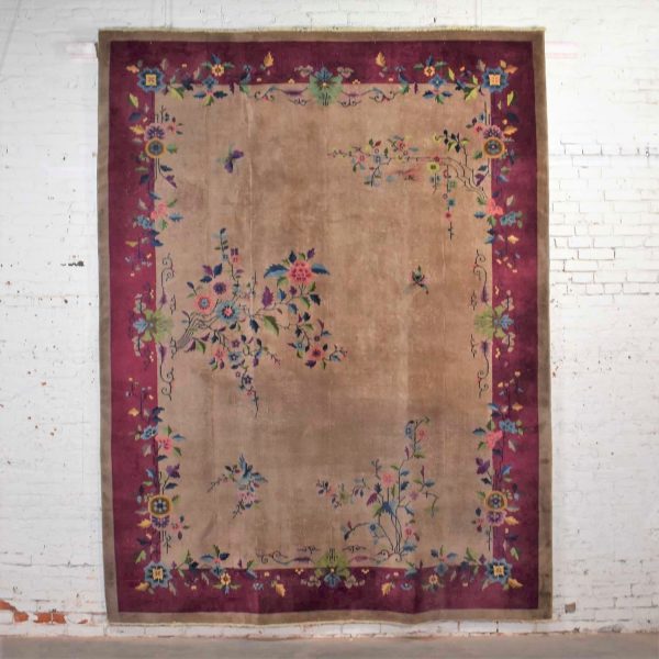 Antique Chinese Art Deco Wool Handmade Rug Taupe with Magenta Border 8’8”x11’4.5”